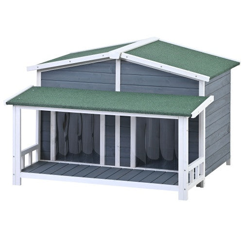 GO 47.2” Large Wooden Dog House – Cabin-Style Outdoor & Indoor Pet Crate with Porch, 2 Doors, Weatherproof Design (Gray & Green)