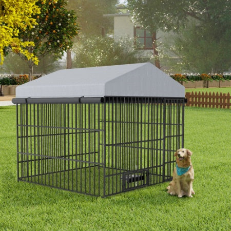 Large Outdoor Dog Kennel with Roof – 6.6 x 6.6 x 6.4 ft Metal Pet Run Enclosure & Fence with Weather-Resistant Cover for Dogs & Small Animals