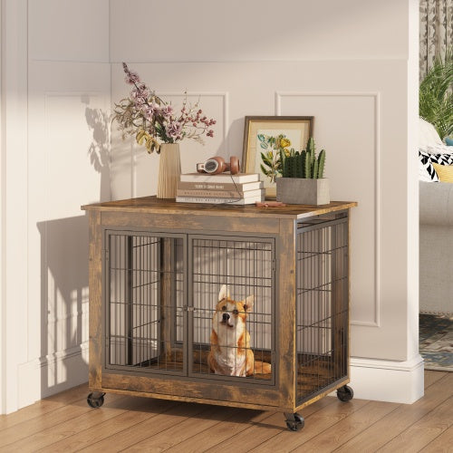 Furniture-Style Dog Crate Side Table – Rustic Brown Double-Door Pet Kennel with Wheels & Lift-Top Storage, 31.5” W x 22” D x 25” H