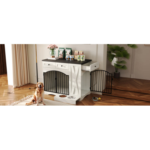 GO 43.3” Farmhouse Dog Crate Furniture – Heavy-Duty Indoor Wooden Dog Kennel with 3 Drawers, Removable Feeder & End Table Design for Medium & Large Dogs (White)