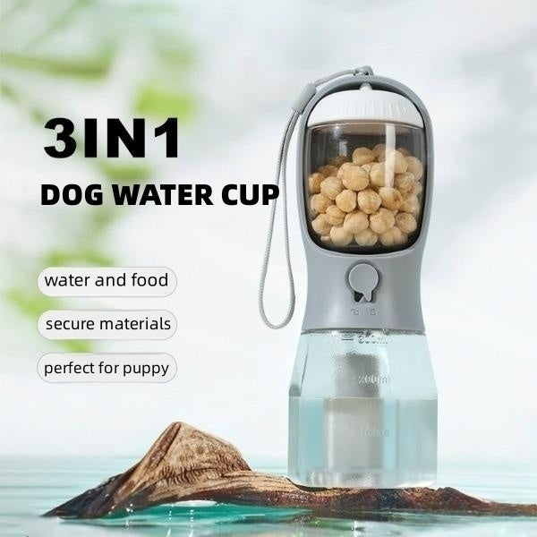 3-in-1 Portable Dog Water Bottle – Pet Travel Cup with Food Container & Waste Bag Dispenser for Small Dogs & Outdoor Walks