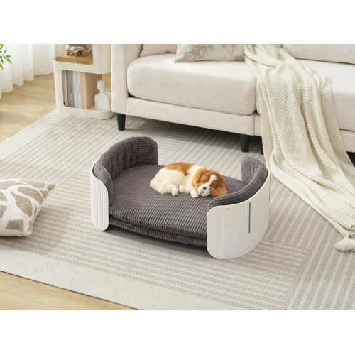 Scandinavian Style Cat Sofa Bed – Elevated Indoor Pet Couch with Removable Mattress Cover for Kittens, Puppies & Small Animals (White/Grey)