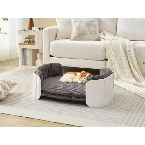 Scandinavian Style Cat Sofa Bed – Elevated Indoor Pet Couch with Removable Mattress Cover for Kittens, Puppies & Small Animals (White/Grey)