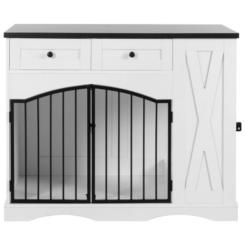 GO 43.3” Farmhouse Dog Crate Furniture – Heavy-Duty Indoor Wooden Dog Kennel with 3 Drawers, Removable Feeder & End Table Design for Medium & Large Dogs (White)