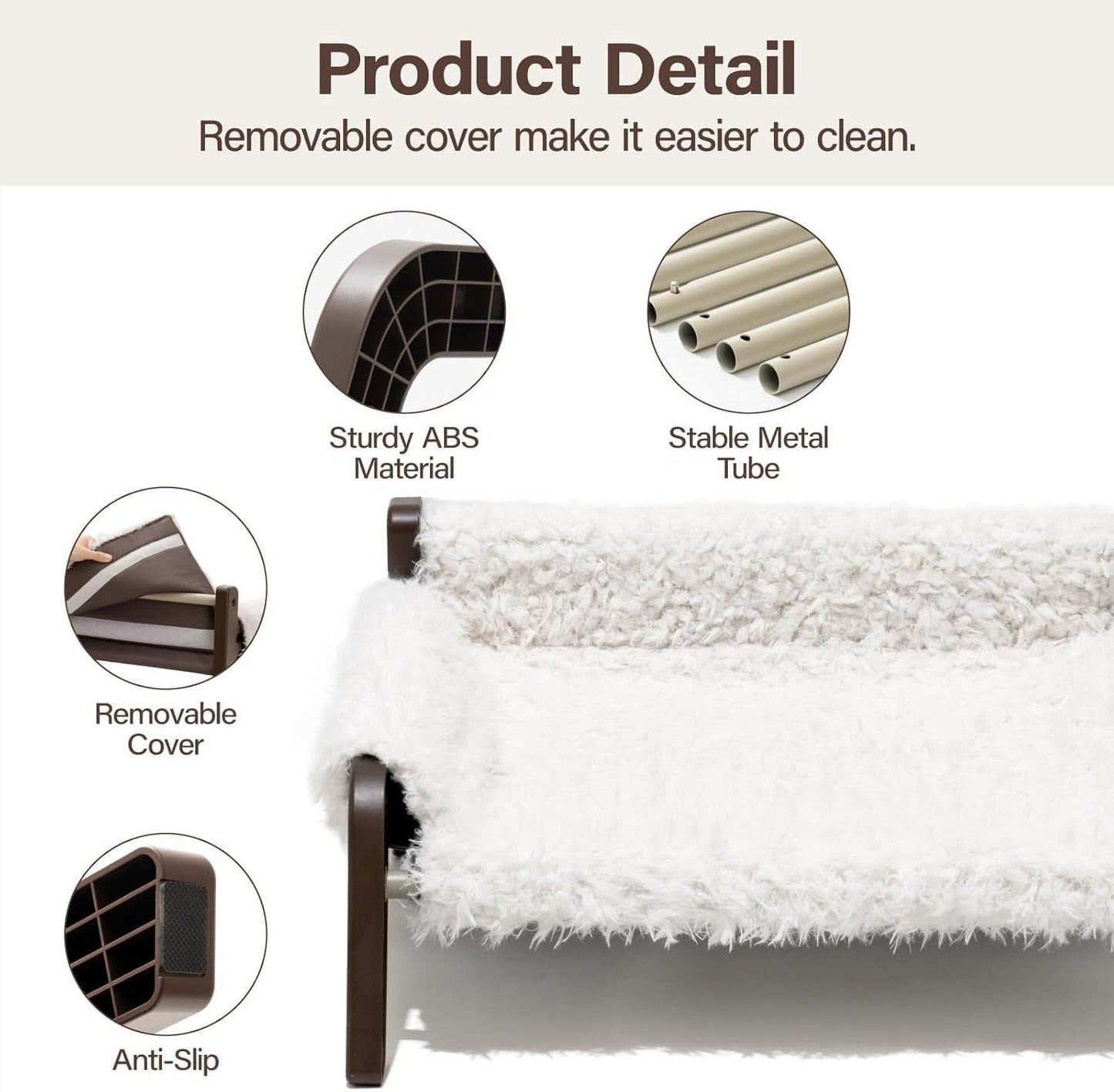 MEWOOFUN Raised Cat Bed for Indoor Cats – Elevated Plush Pet Sofa with Non-Slip Bottom, Washable Bed for Kittens, Puppies & Small Dogs (Supports 44 lbs, Beige/Brown)