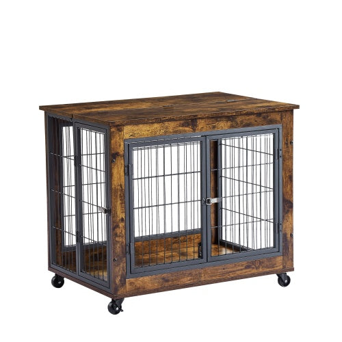 Furniture-Style Dog Crate Side Table – Rustic Brown Double-Door Pet Kennel with Wheels & Lift-Top Storage, 31.5” W x 22” D x 25” H