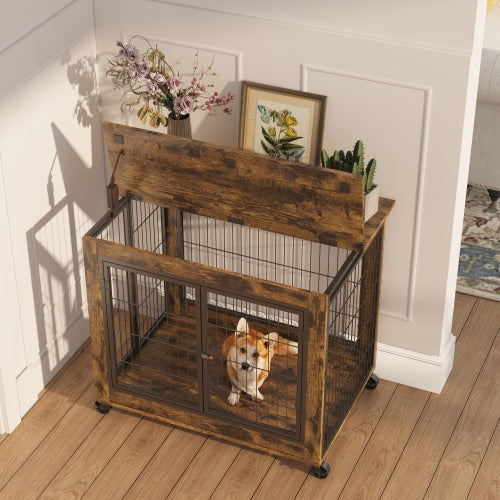 Furniture-Style Dog Crate Side Table – Rustic Brown Double-Door Pet Kennel with Wheels & Lift-Top Storage, 31.5” W x 22” D x 25” H