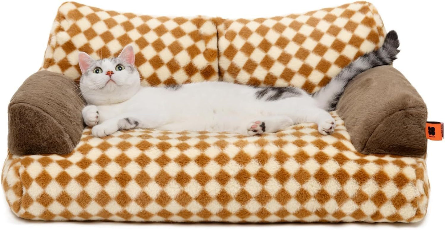 MEWOOFUN Fluffy Cat Bed for Indoor Use – 26x19x13” Washable Pet Couch with Non-Slip Bottom for Small & Medium Dogs & Cats (Brown)