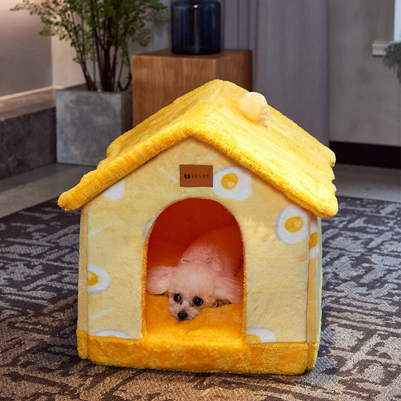 Foldable Dog & Cat House Bed – Warm Enclosed Pet Cave with Removable Cushion for Winter, Soft Sofa Kennel for Small Pets