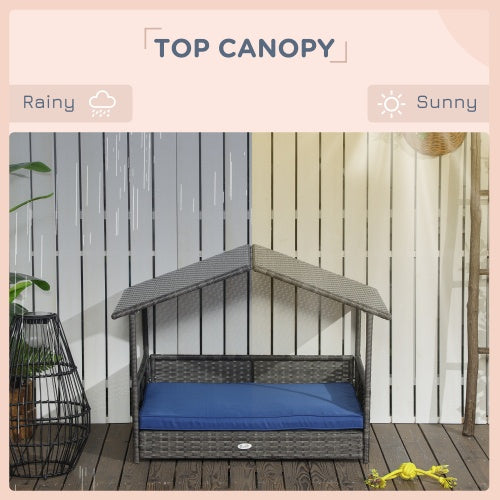 PawHut Outdoor Wicker Dog House with Canopy – Rattan Dog Bed with Water-Resistant Cushion for Small & Medium Dogs, Dark Blue