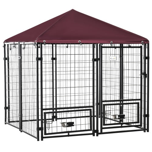 Outdoor Dog Kennel with Rotating Bowl Rack – Walk-In Welded Wire Pet Playpen with UV-Resistant Waterproof Awning