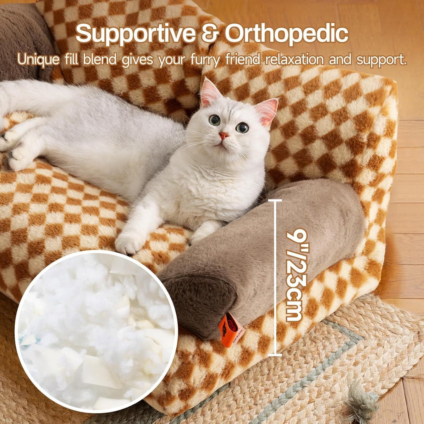 MEWOOFUN Fluffy Cat Bed for Indoor Use – 26x19x13” Washable Pet Couch with Non-Slip Bottom for Small & Medium Dogs & Cats (Brown)