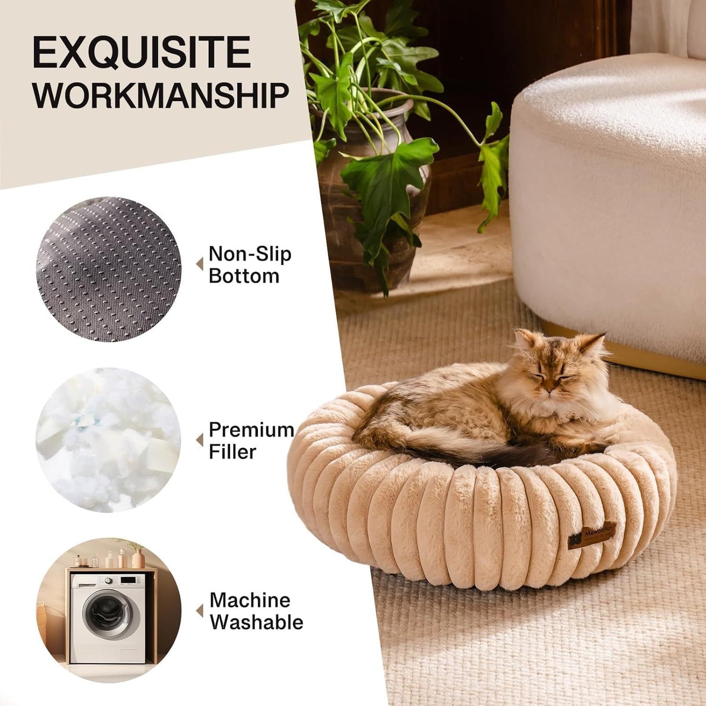 MEWOOFUN Donut Dog Bed for Medium Dogs – Calming Washable Pet Bed with Non-Slip Bottom, Supports Up to 45 lbs (Light Brown)