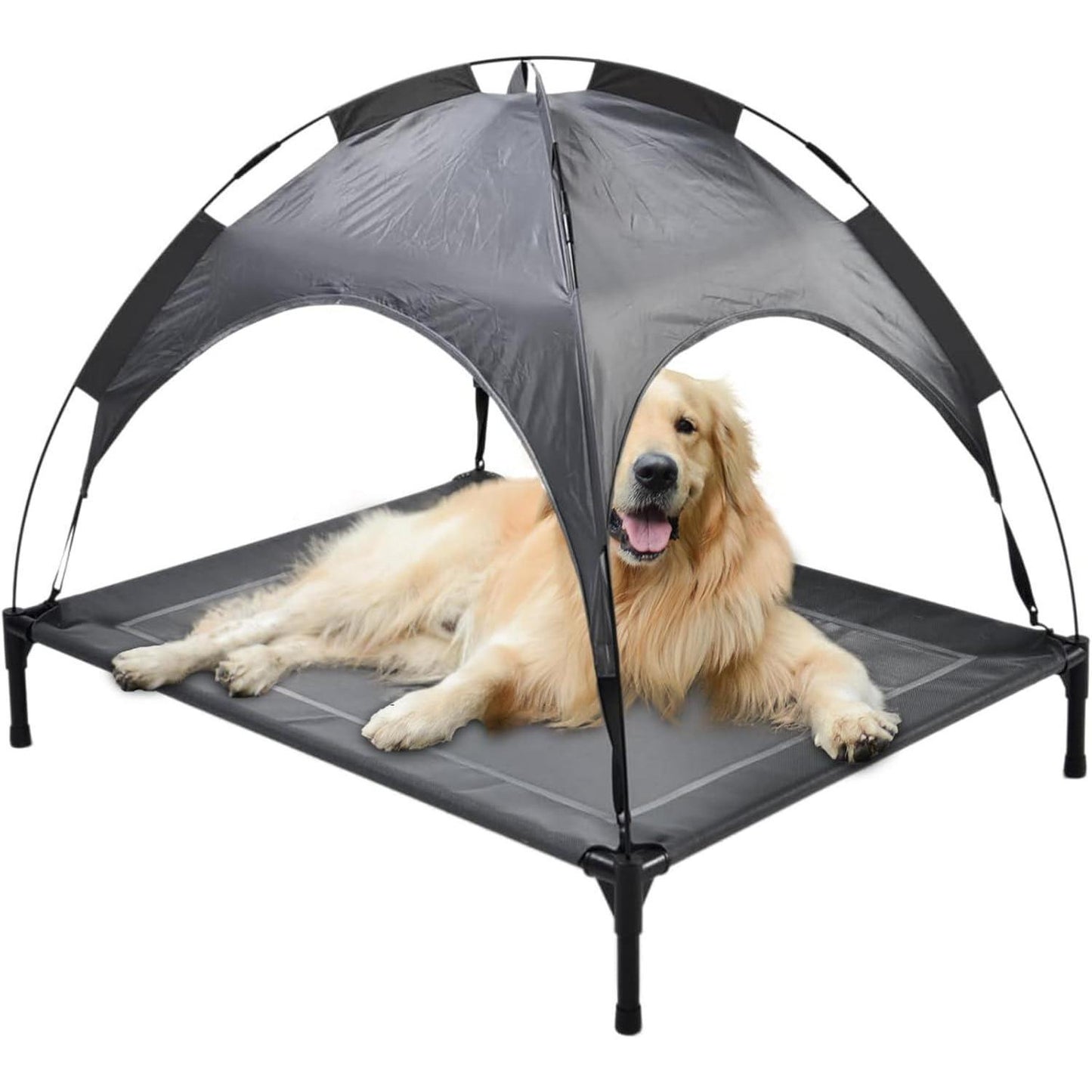 Outdoor Portable Dog Bed with Awning – Grey Elevated Pet Lounger for Sun Protection & Travel Comfort