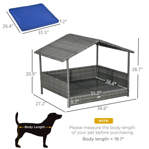 PawHut Outdoor Wicker Dog House with Canopy – Rattan Dog Bed with Water-Resistant Cushion for Small & Medium Dogs, Dark Blue