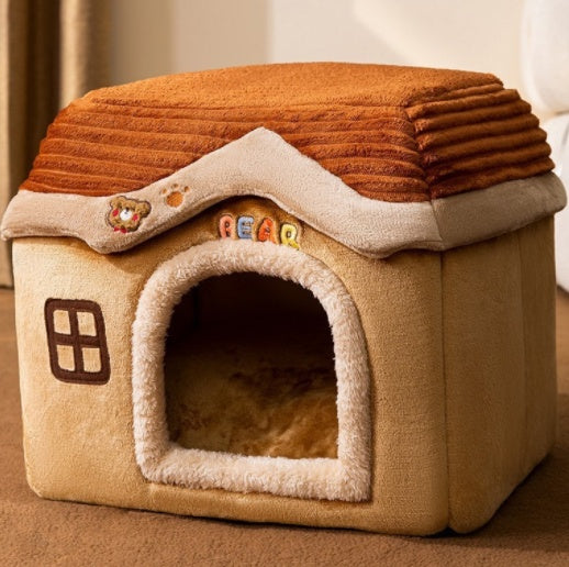 Foldable Dog & Cat House Bed – Warm Enclosed Pet Cave with Removable Cushion for Winter, Soft Sofa Kennel for Small Pets