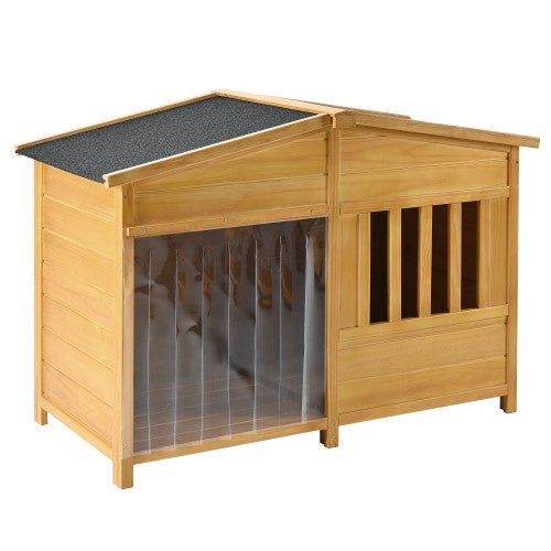 GO 47.2” Wooden Dog House with Porch – Weatherproof Indoor & Outdoor Pet Kennel Crate for Medium Dogs, Solid Wood Design (Natural Finish)