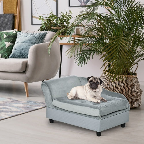 Luxury Small Dog Bed with Hidden Storage – Grey Upholstered Pet Sofa with Built-In Compartment for Toys & Accessories
