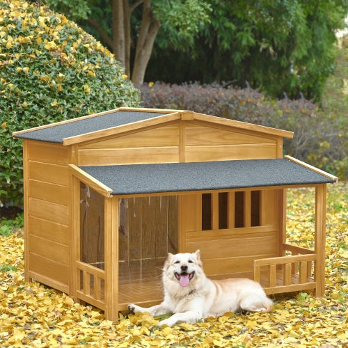 GO 47.2” Wooden Dog House with Porch – Weatherproof Indoor & Outdoor Pet Kennel Crate for Medium Dogs, Solid Wood Design (Natural Finish)