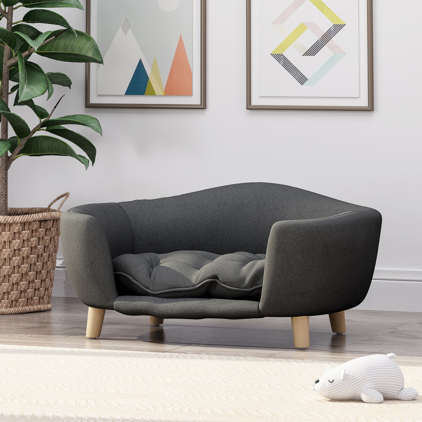 Mid-Century Modern Dog Bed – Tufted Cushion Pet Sofa with Birch Wood Legs for Small Dogs, Dark Gray (30.25” x 21.75” x 14”)