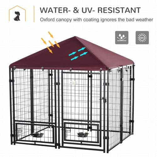 Outdoor Dog Kennel with Rotating Bowl Rack – Walk-In Welded Wire Pet Playpen with UV-Resistant Waterproof Awning