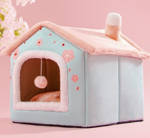 Foldable Dog & Cat House Bed – Warm Enclosed Pet Cave with Removable Cushion for Winter, Soft Sofa Kennel for Small Pets