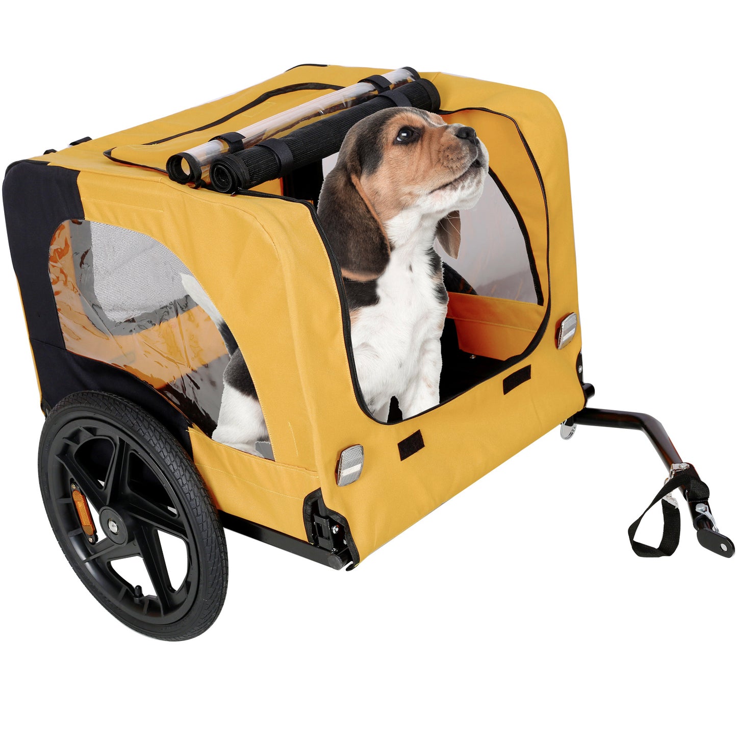 Heavy-Duty Foldable Pet Stroller with Bicycle Tow – Yellow Outdoor Dog Carrier for Travel, Jogging & Biking Adventures