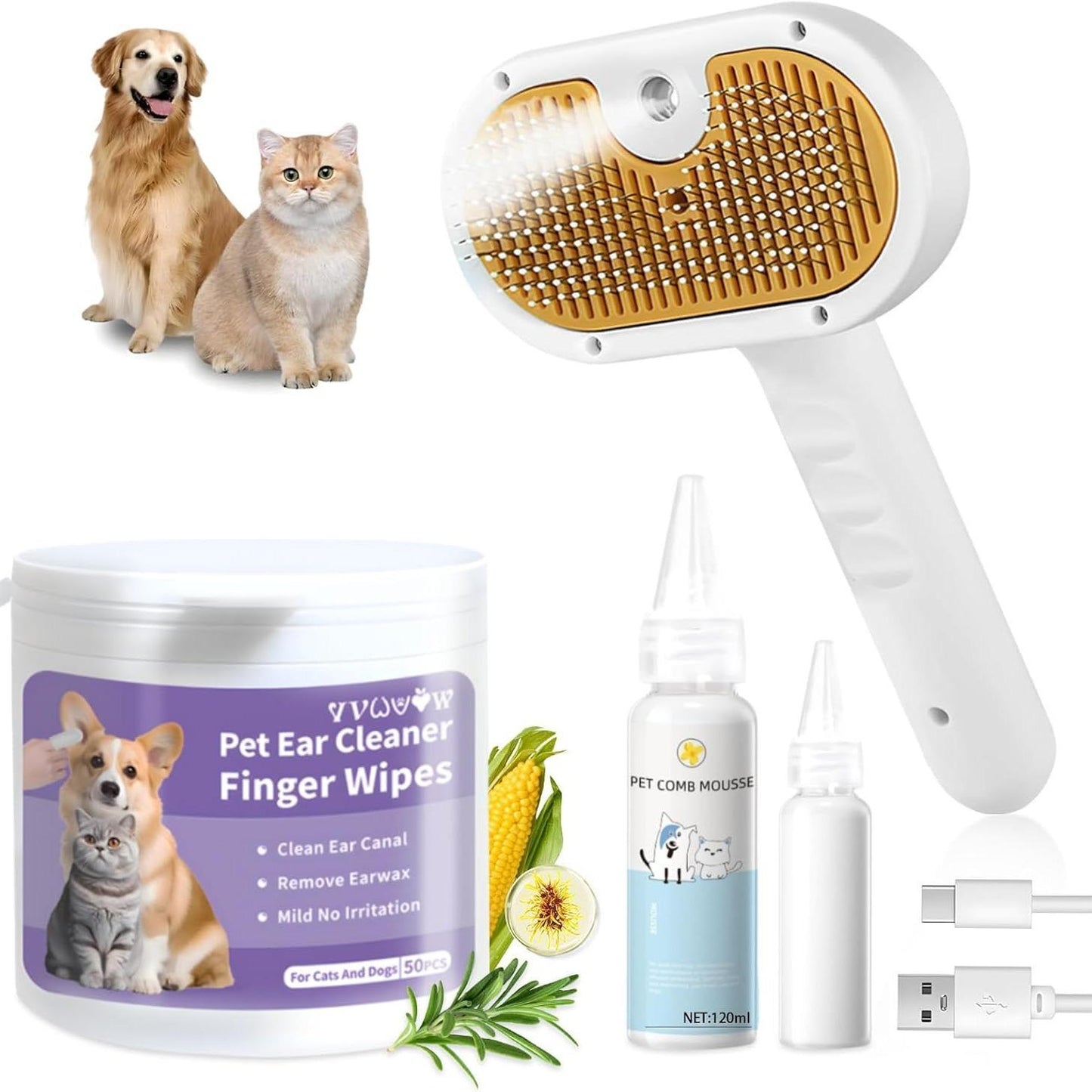 3-in-1 Pet Steam Brush – Waterless Shampoo Spray, Hair Removal Comb & Ear Cleaning Towel for Dogs & Cats